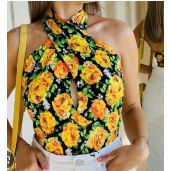Zara Yellow Green Floral Print Cross Neck Halter Backless Bodysuit Size S NWT - Picture 1 of 6